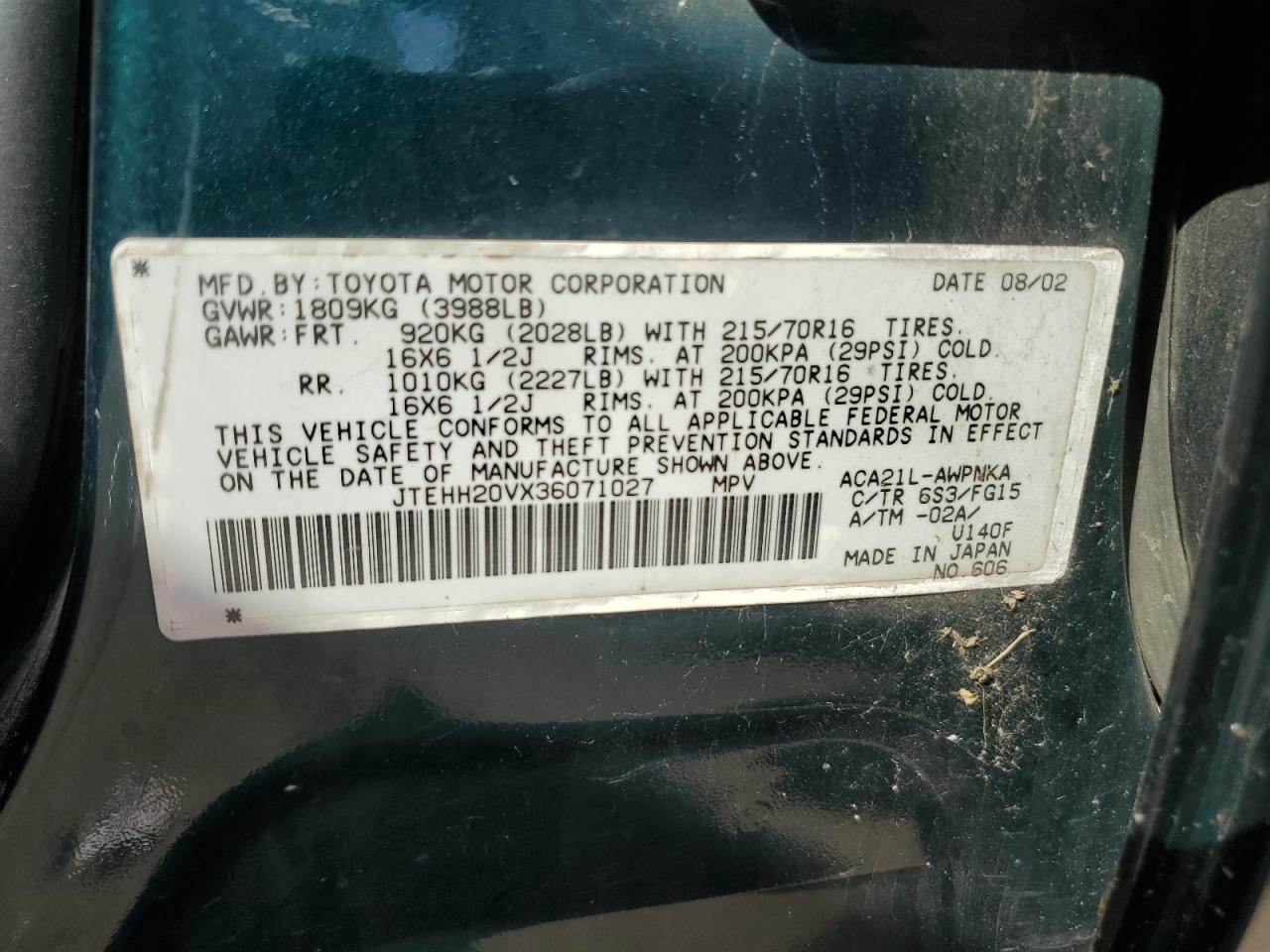 2003 Toyota Rav4 VIN: JTEHH20VX36071027 Lot: 84215635
