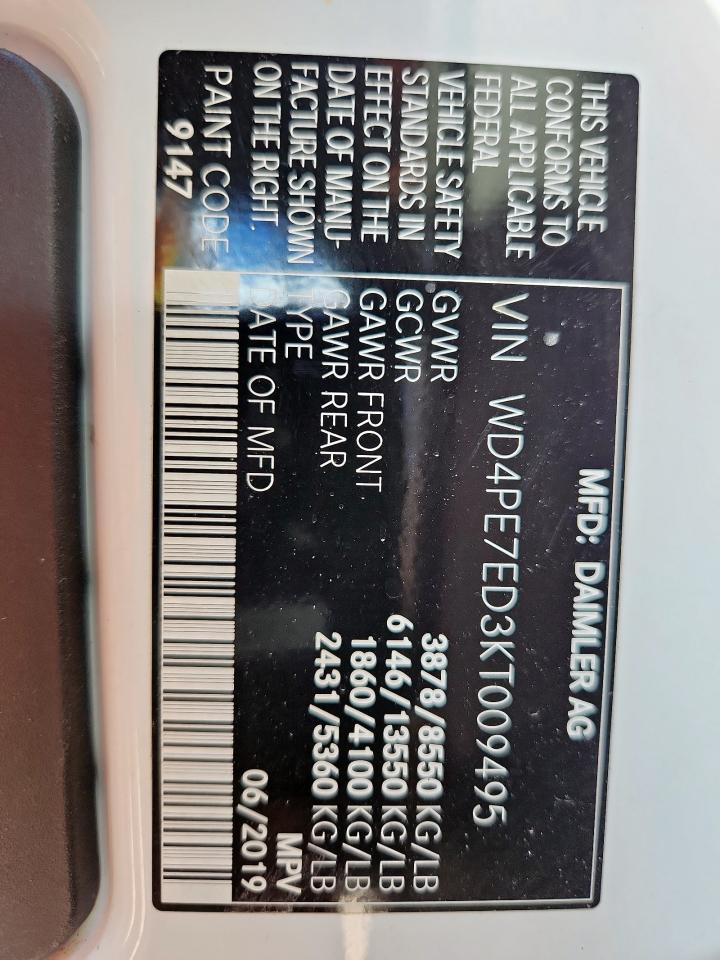 2019 Mercedes-Benz Sprinter 1500/2500 VIN: WD4PE7ED3KT009495 Lot: 80127435