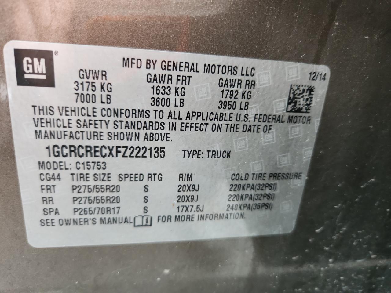 2015 Chevrolet Silverado C1500 Lt VIN: 1GCRCRECXFZ222135 Lot: 82152625