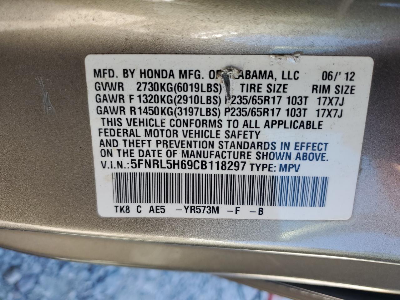 2012 Honda Odyssey Exl VIN: 5FNRL5H69CB118297 Lot: 70829235