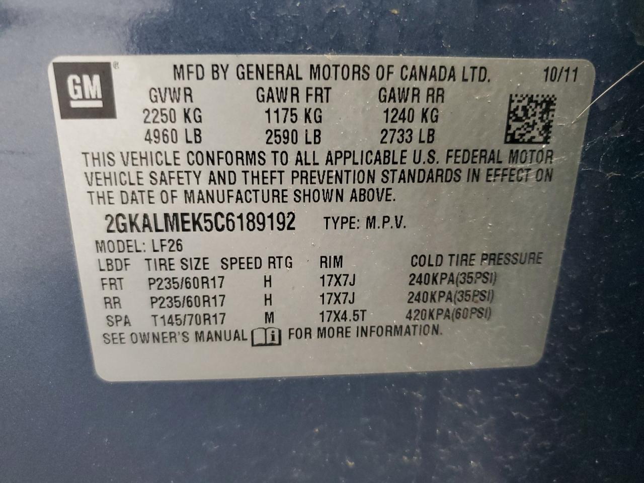 2012 GMC Terrain Sle VIN: 2GKALMEK5C6189192 Lot: 71283645
