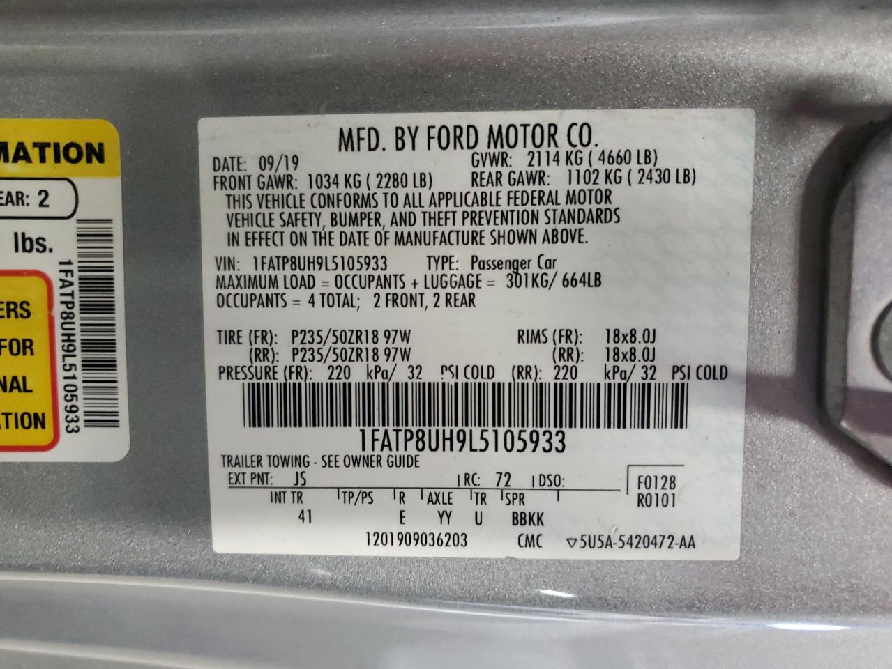 2020 Ford Mustang VIN: 1FATP8UH9L5105933 Lot: 82024705