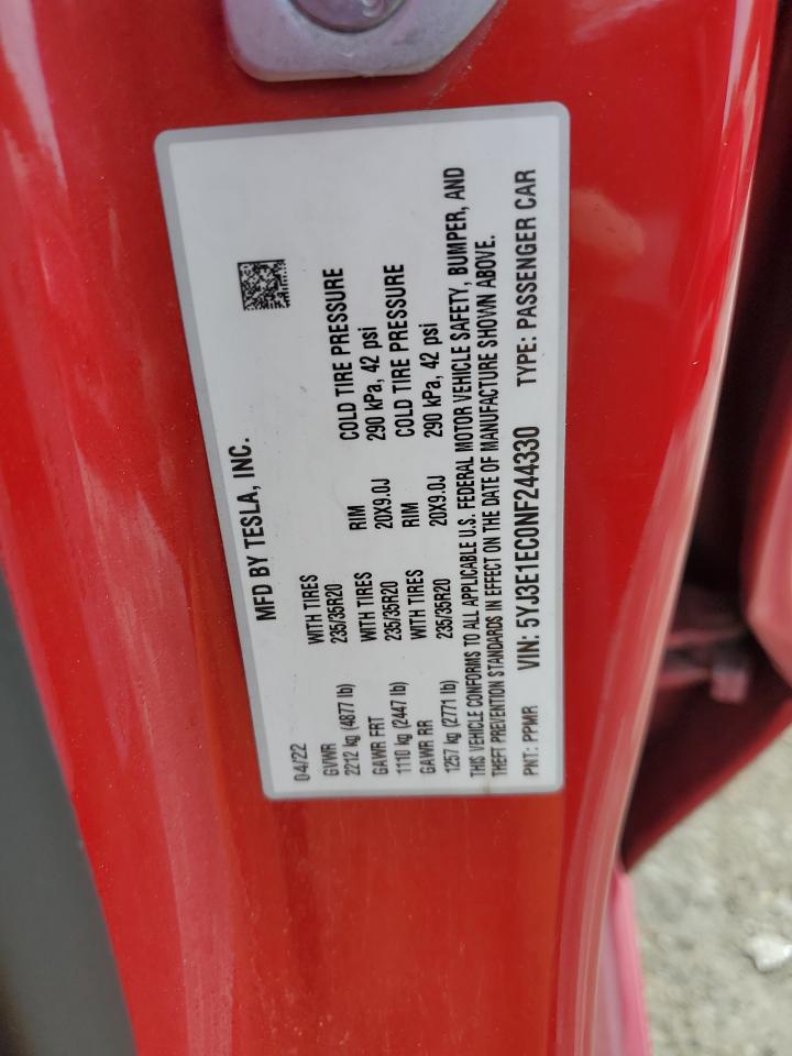 2022 Tesla Model 3 VIN: 5YJ3E1EC0NF244330 Lot: 81625595