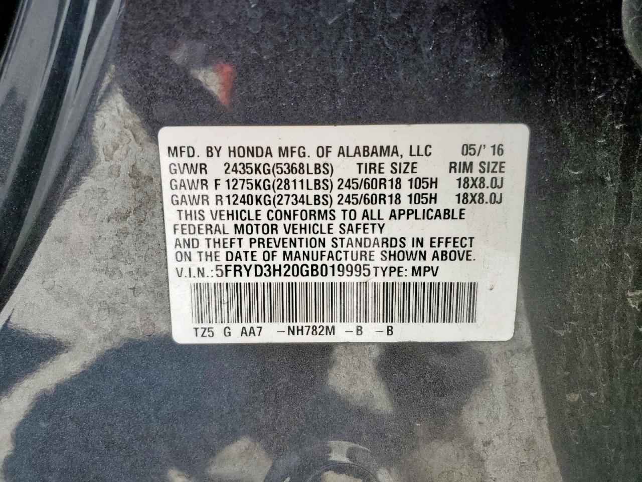 2016 Acura Mdx VIN: 5FRYD3H20GB019995 Lot: 71237395