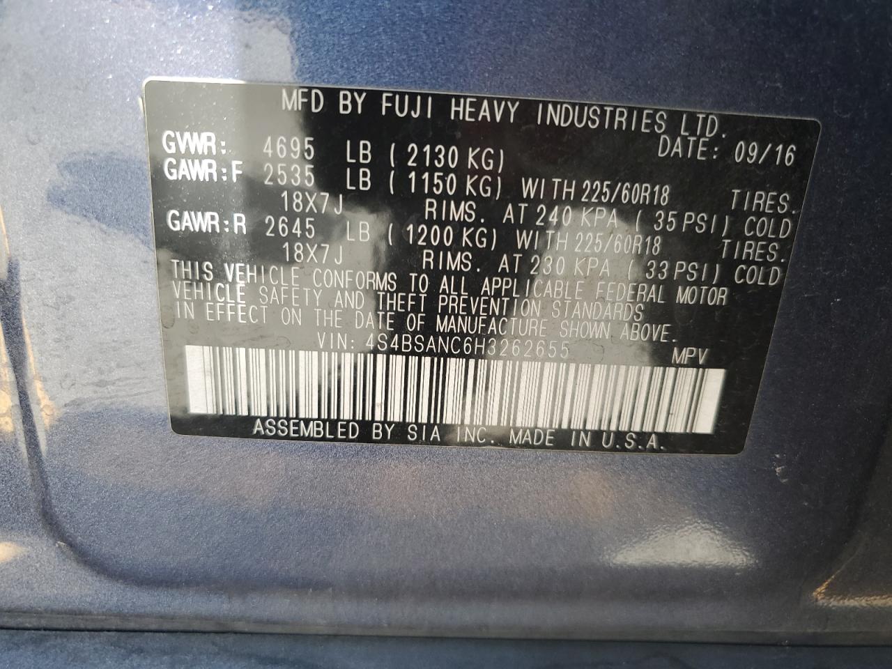 2017 Subaru Outback 2.5I Limited VIN: 4S4BSANC6H3262655 Lot: 80344425