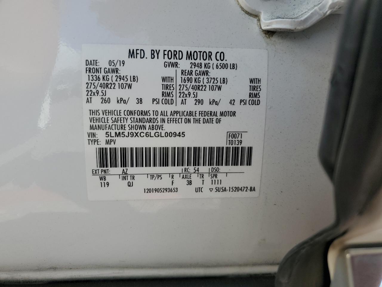 2020 Lincoln Aviator Black Label VIN: 5LM5J9XC6LGL00945 Lot: 71284015