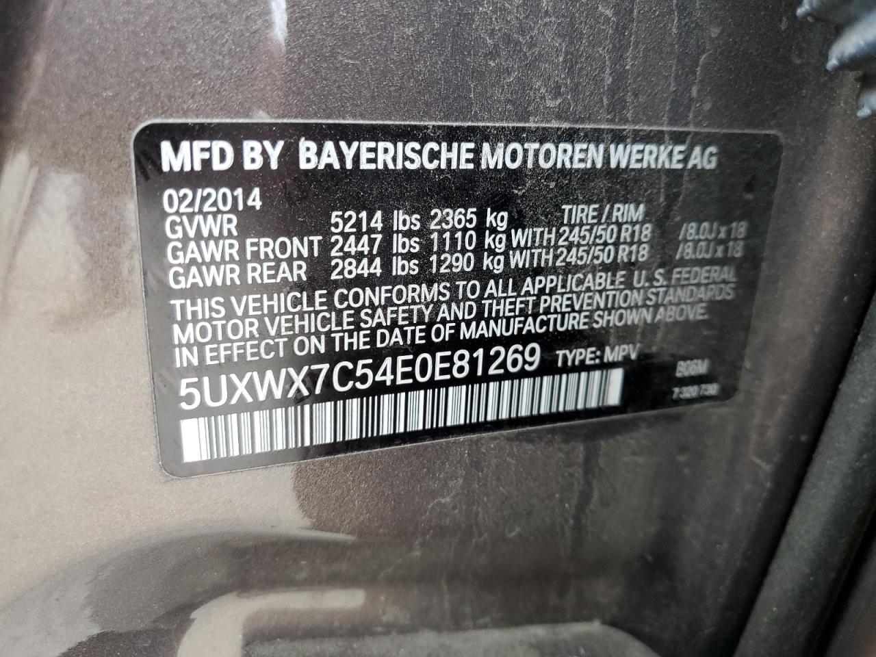 2014 BMW X3 xDrive35I VIN: 5UXWX7C54E0E81269 Lot: 69788765
