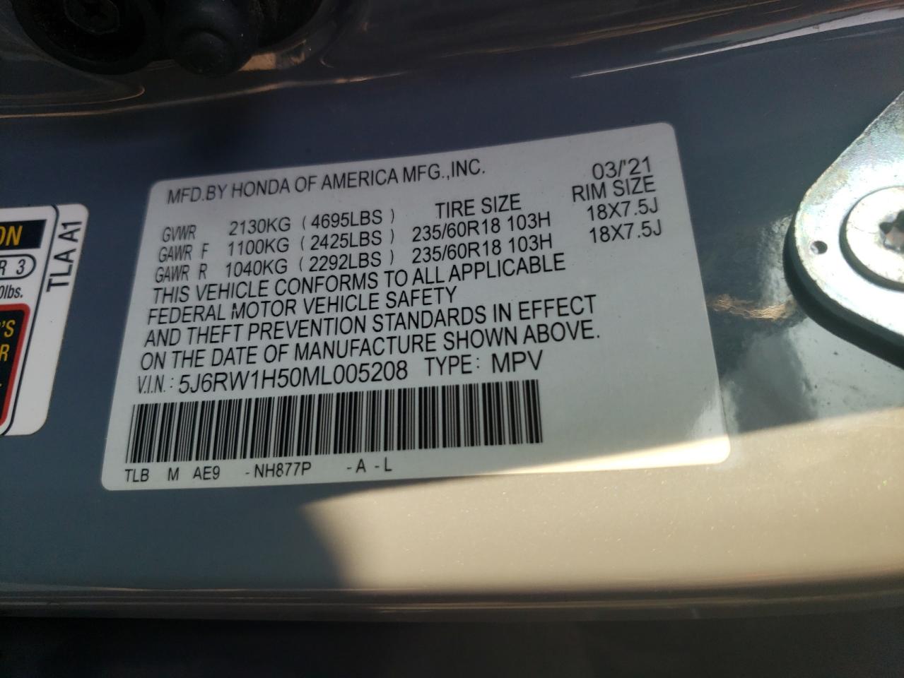 2021 Honda Cr-V Ex VIN: 5J6RW1H50ML005208 Lot: 81185285