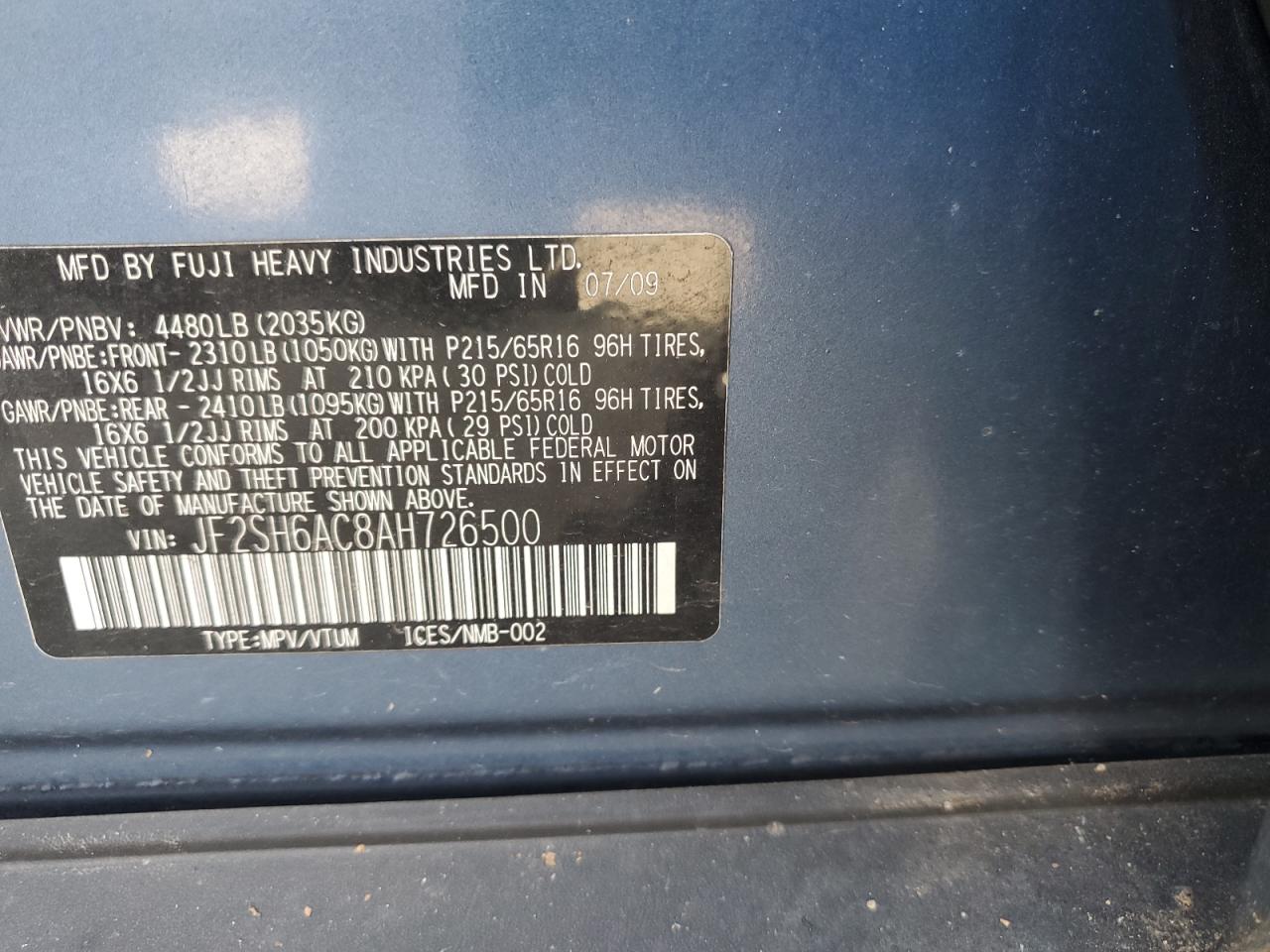 2010 Subaru Forester 2.5X VIN: JF2SH6AC8AH726500 Lot: 81571485