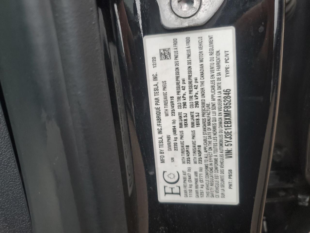 2021 Tesla Model 3 VIN: 5YJ3E1EBXMF852846 Lot: 81271615