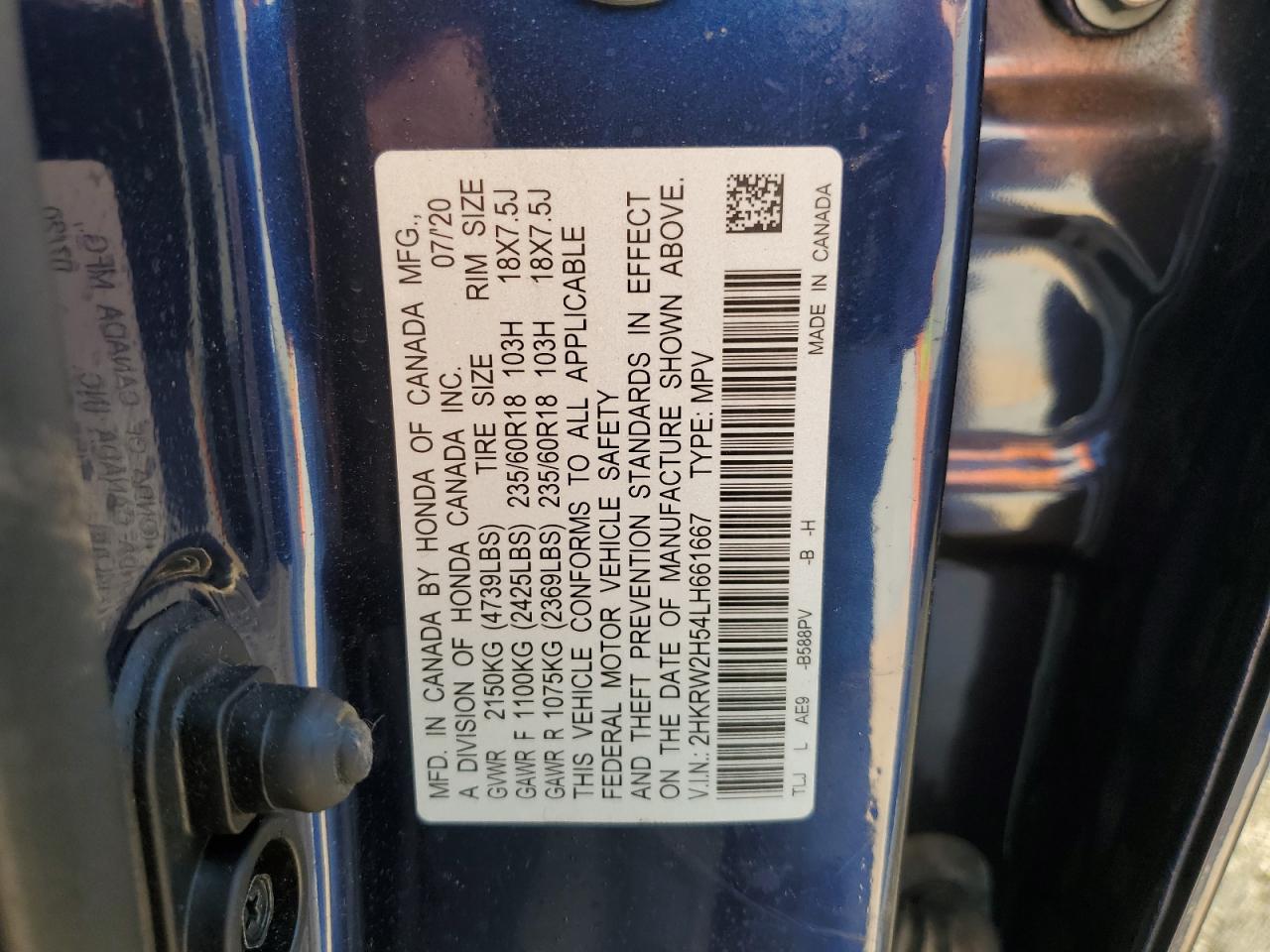 2020 Honda Cr-V Ex VIN: 2HKRW2H54LH661667 Lot: 81464755