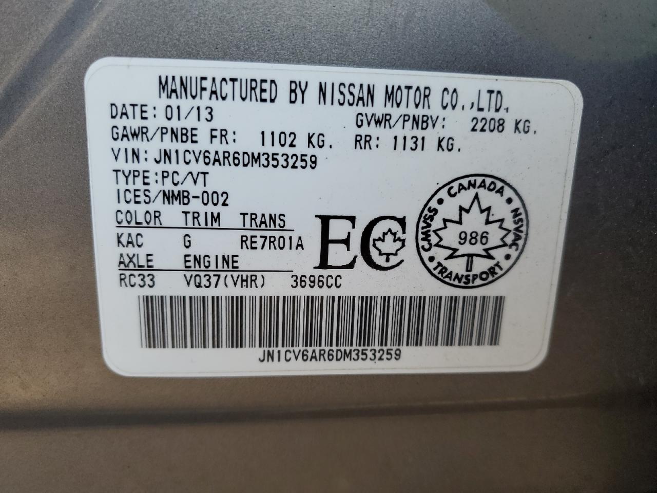 2013 Infiniti G37 VIN: JN1CV6AR6DM353259 Lot: 68790645