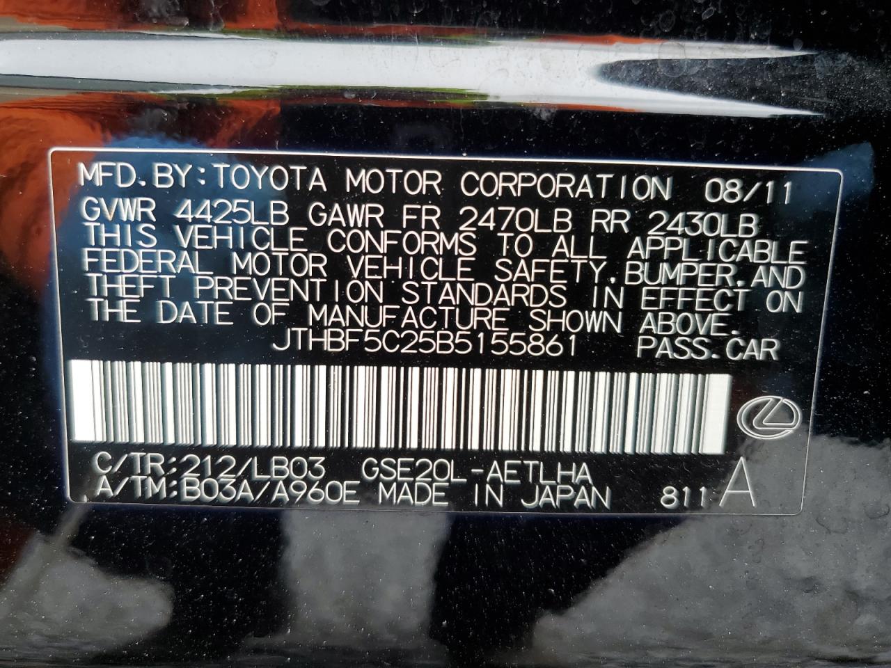 2011 Lexus Is 250 VIN: JTHBF5C25B5155861 Lot: 72003605