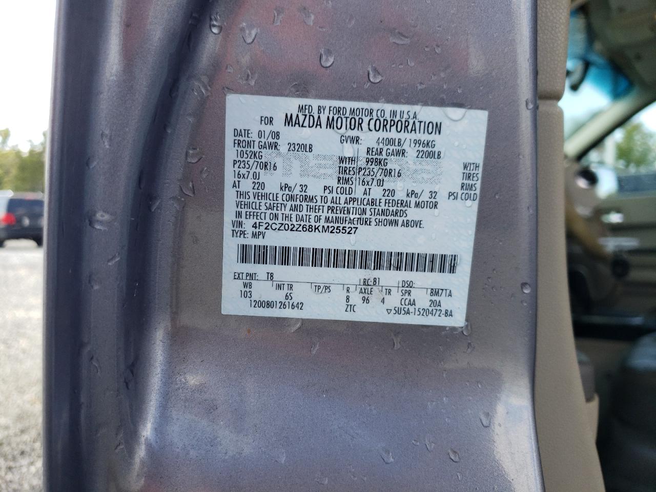 2008 Mazda Tribute I VIN: 4F2CZ02Z68KM25527 Lot: 80309995