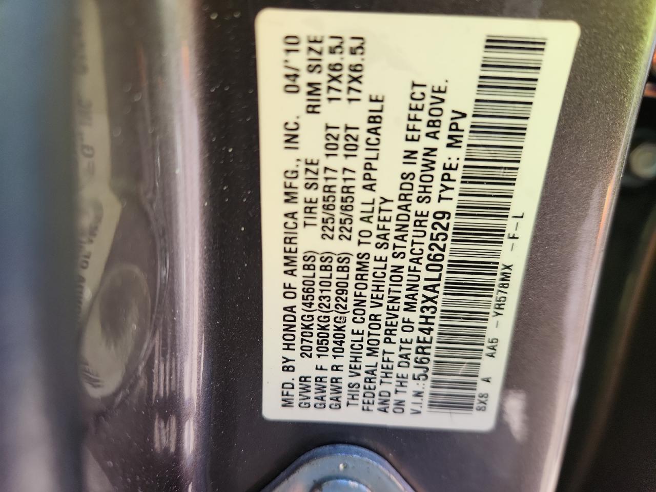 2010 Honda Cr-V Lx VIN: 5J6RE4H3XAL062529 Lot: 80326575