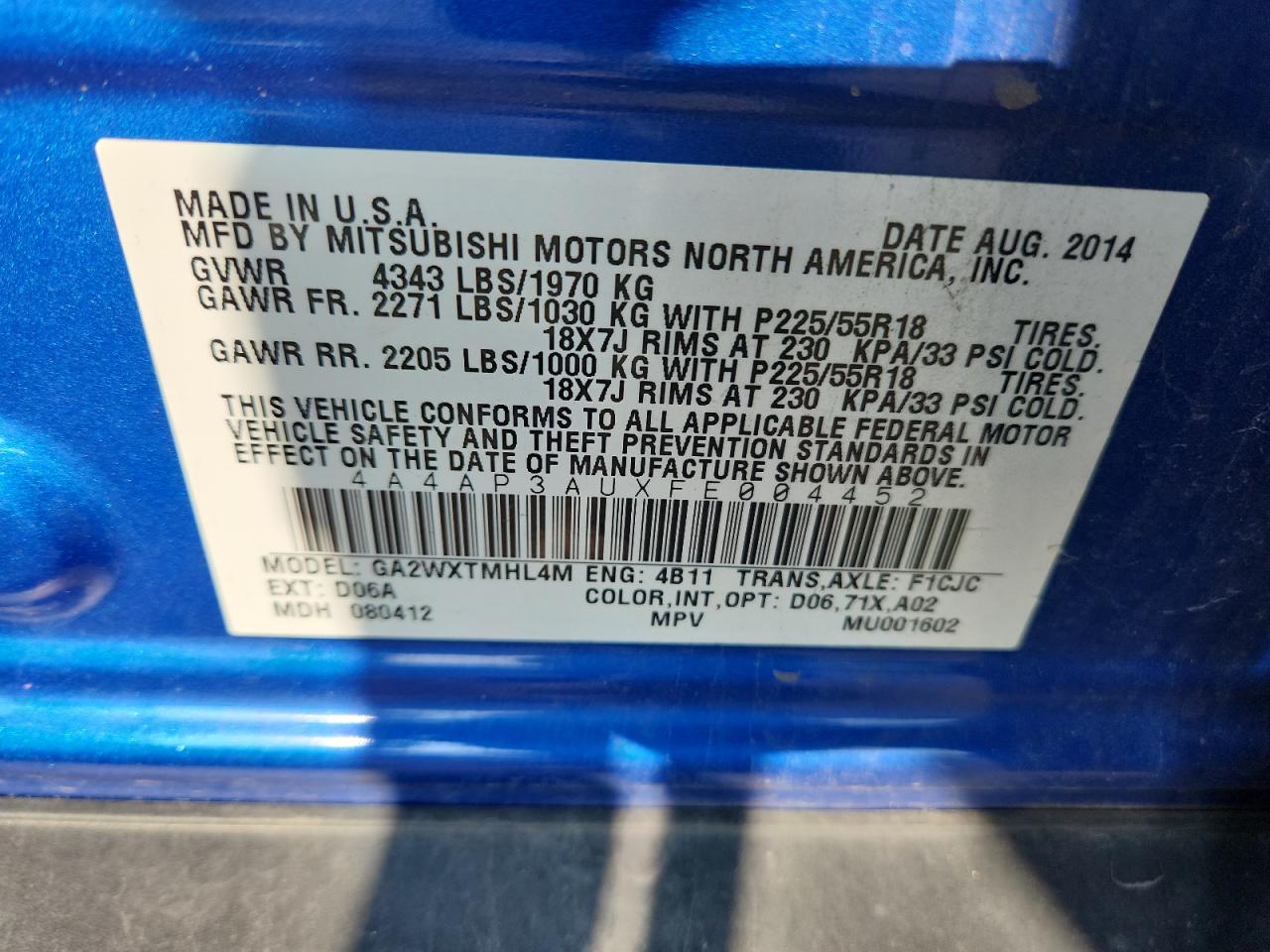 2015 Mitsubishi Outlander Sport Es VIN: 4A4AP3AUXFE004452 Lot: 71639035