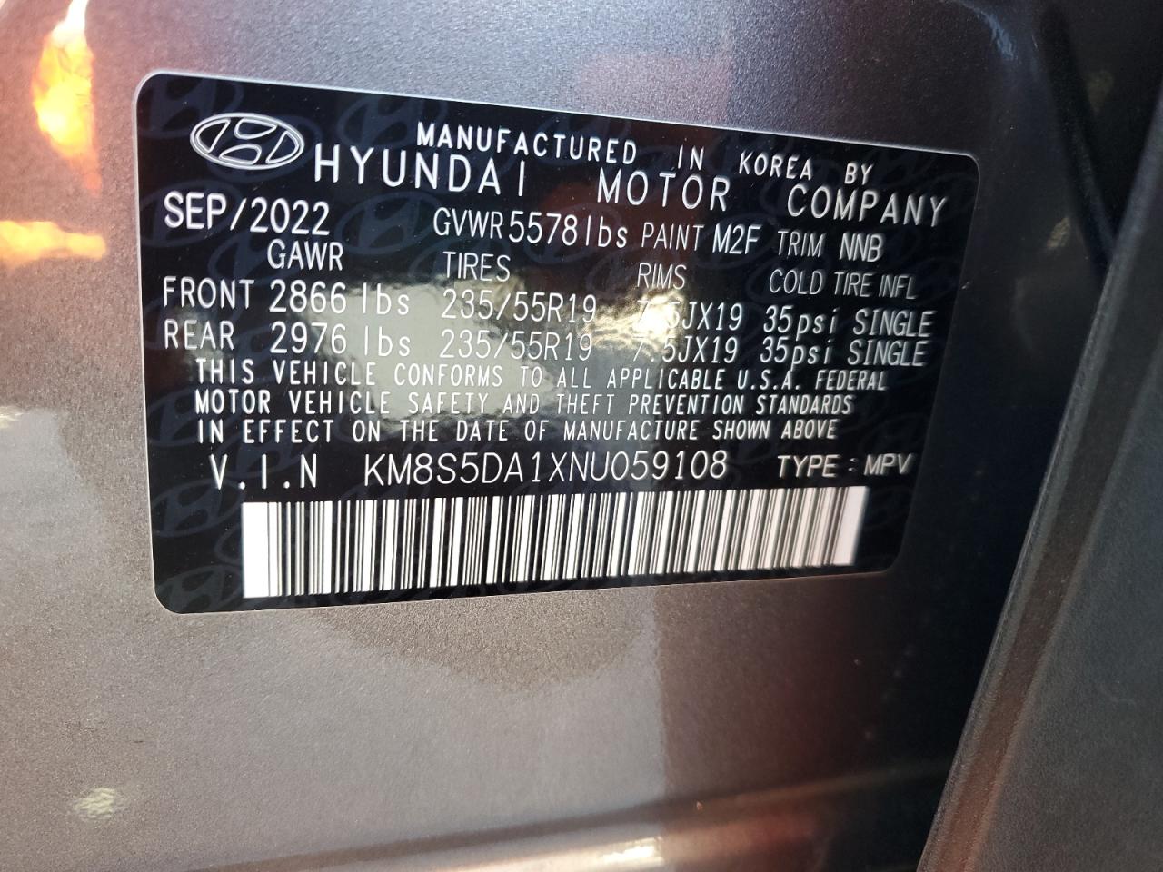 2022 Hyundai Santa Fe Limited VIN: KM8S5DA1XNU059108 Lot: 82150155