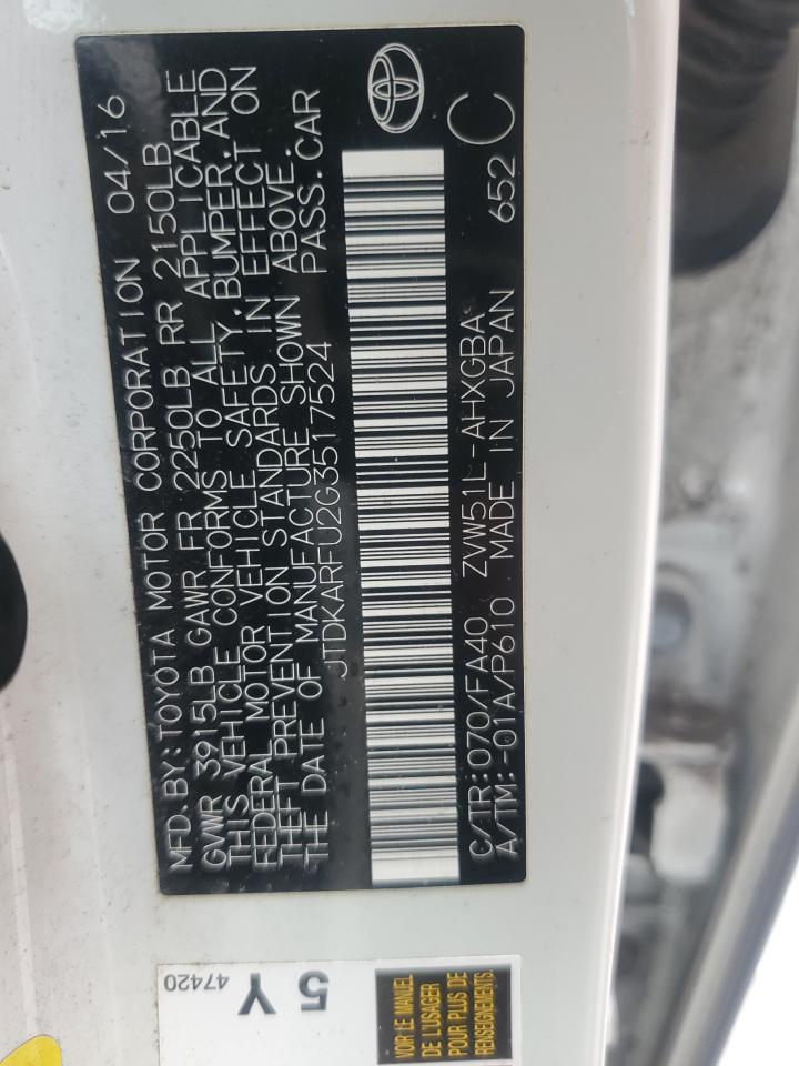 2016 Toyota Prius VIN: JTDKARFU2G3517524 Lot: 81103275