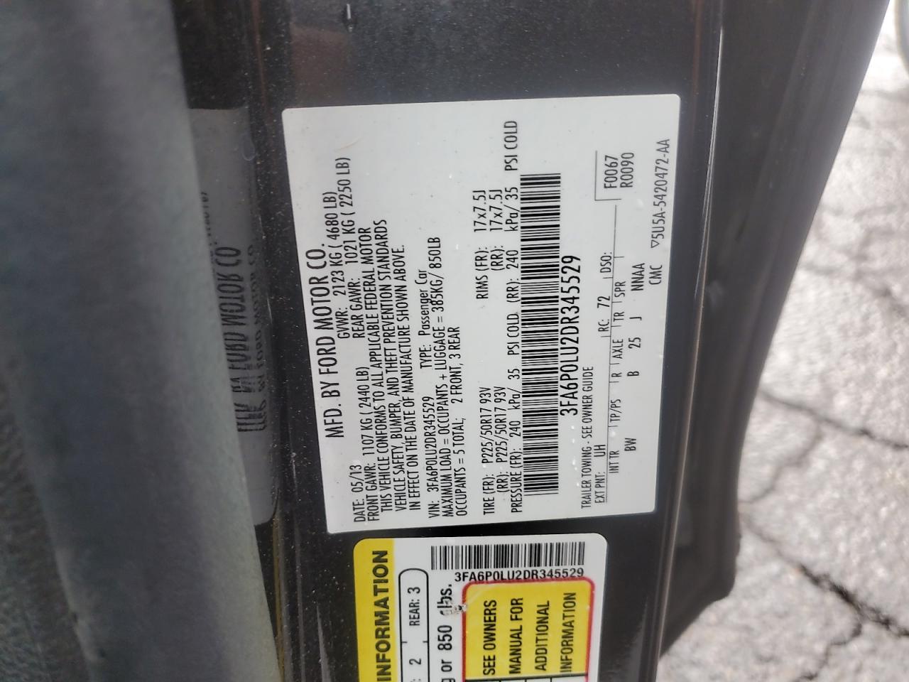 2013 Ford Fusion Se Hybrid VIN: 3FA6P0LU2DR345529 Lot: 83862655