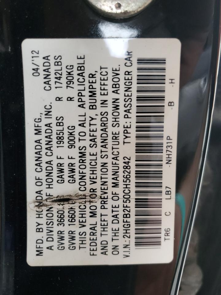 2012 Honda Civic Lx VIN: 2HGFB2F50CH562842 Lot: 81803815