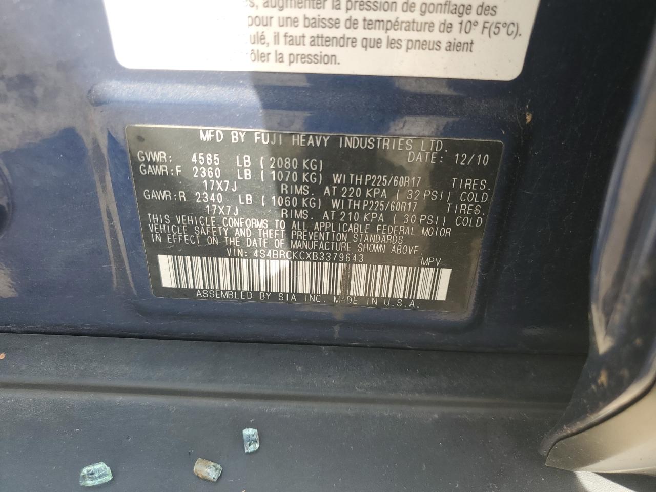 2011 Subaru Outback 2.5I Limited VIN: 4S4BRCKCXB3379643 Lot: 80148845