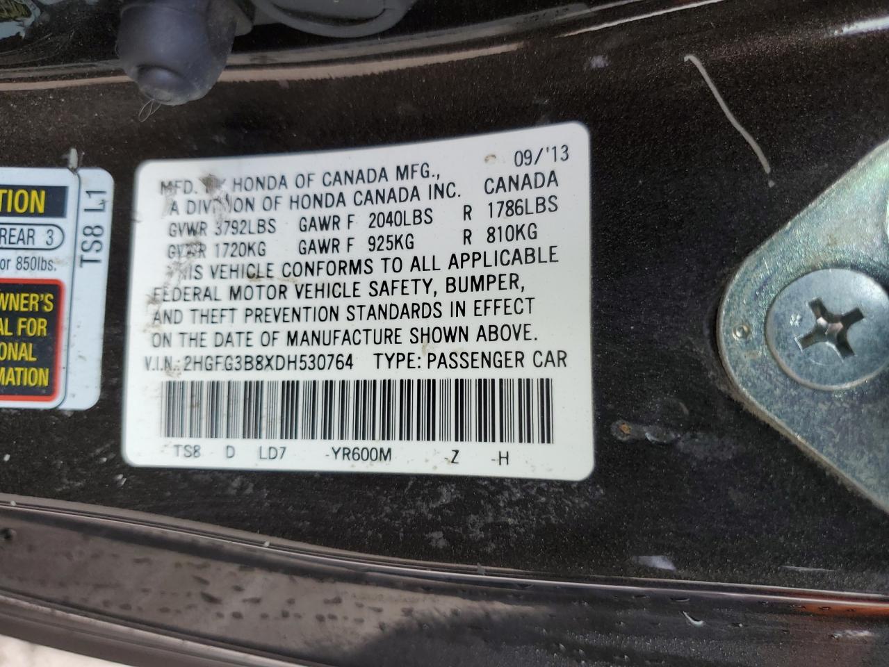 2013 Honda Civic Ex VIN: 2HGFG3B8XDH530764 Lot: 84636125