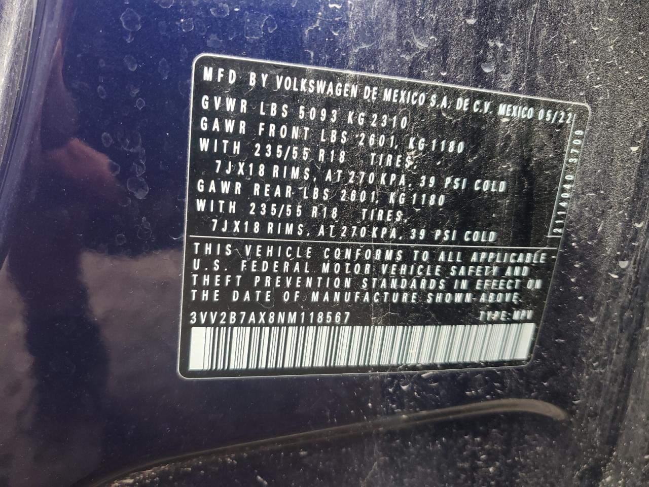 2022 Volkswagen Tiguan Se VIN: 3VV2B7AX8NM118567 Lot: 70760525