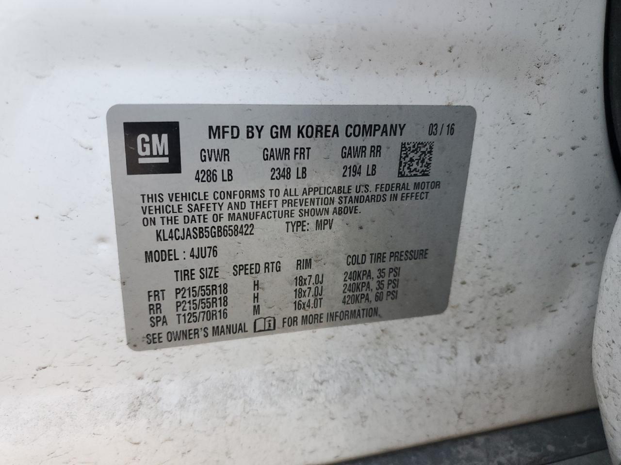 2016 Buick Encore VIN: KL4CJASB5GB658422 Lot: 80492665