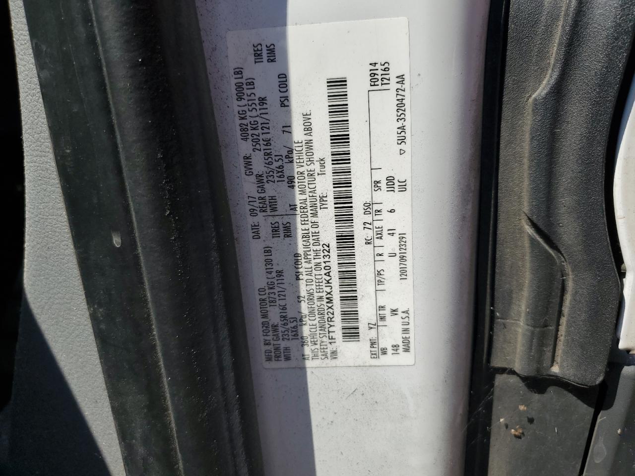 2018 Ford Transit T-250 VIN: 1FTYR2XMXJKA01322 Lot: 81312285