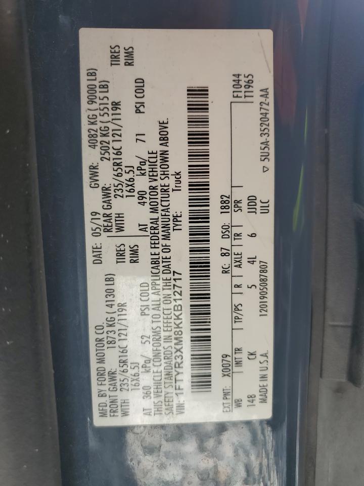 2019 Ford Transit T-250 VIN: 1FTYR3XM8KKB12717 Lot: 70785955