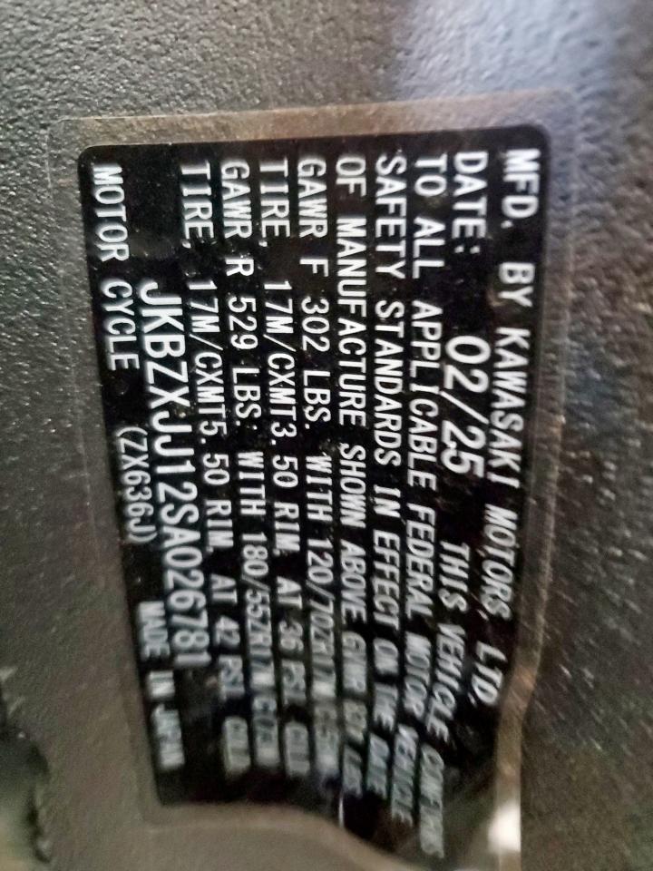 2025 Kawasaki Zx636 K VIN: JKBZXJJ12SA026781 Lot: 81435355