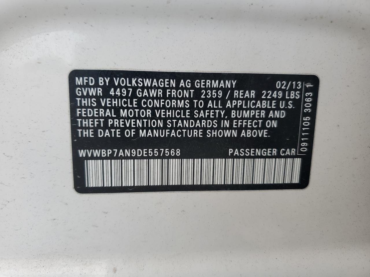 2013 Volkswagen Cc Sport VIN: WVWBP7AN9DE557568 Lot: 80406215