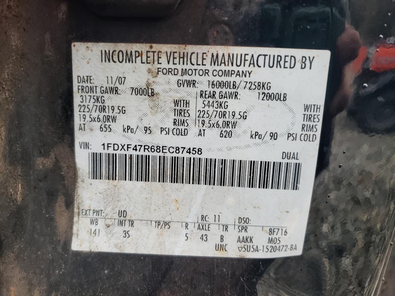 2008 Ford F450 Super Duty VIN: 1FDXF47R68EC87458 Lot: 80996045