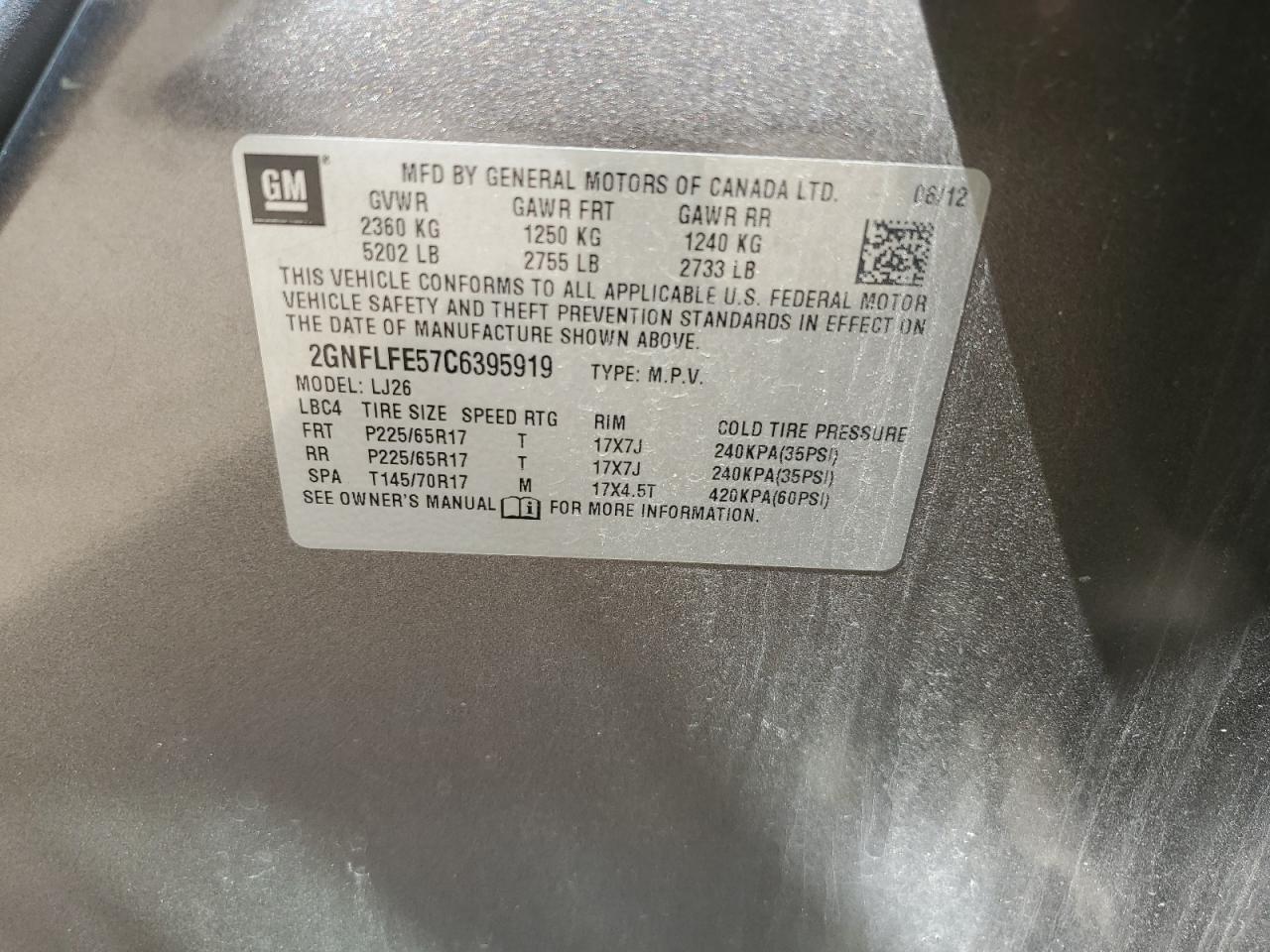 2012 Chevrolet Equinox Ltz VIN: 2GNFLFE57C6395919 Lot: 71778055