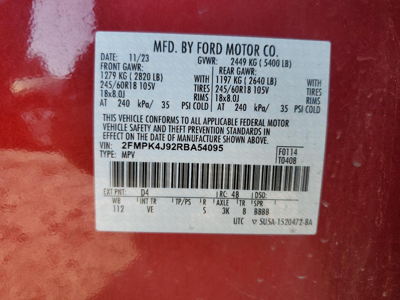 2024 Ford Edge Sel VIN: 2FMPK4J92RBA54095 Lot: 83948305