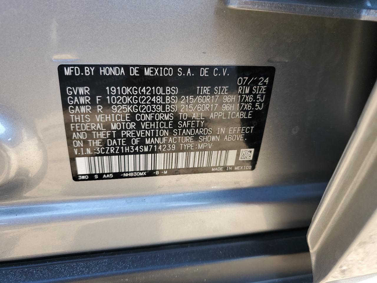 2025 Honda Hr-V Lx VIN: 3CZRZ1H34SM714239 Lot: 71808355