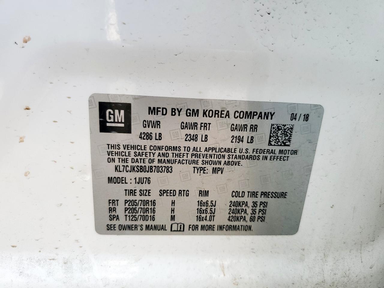 2018 Chevrolet Trax Ls VIN: KL7CJKSB0JB703783 Lot: 83793405