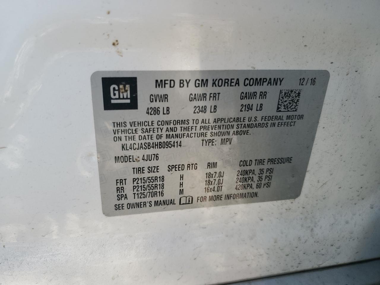 2017 Buick Encore Preferred VIN: KL4CJASB4HB095414 Lot: 81022035