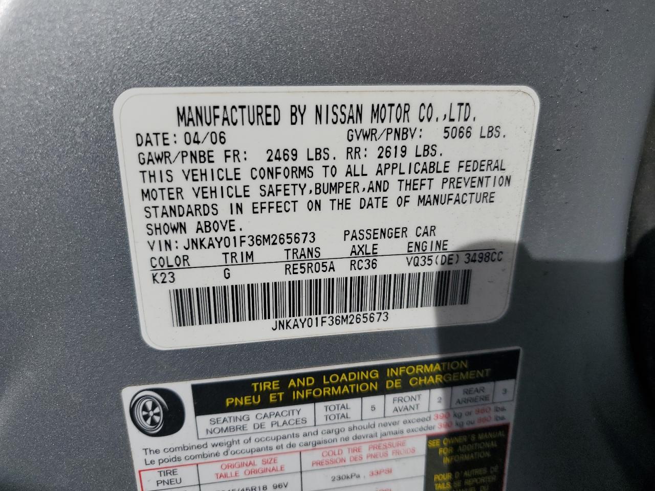 2006 Infiniti M35 Base VIN: JNKAY01F36M265673 Lot: 82032255