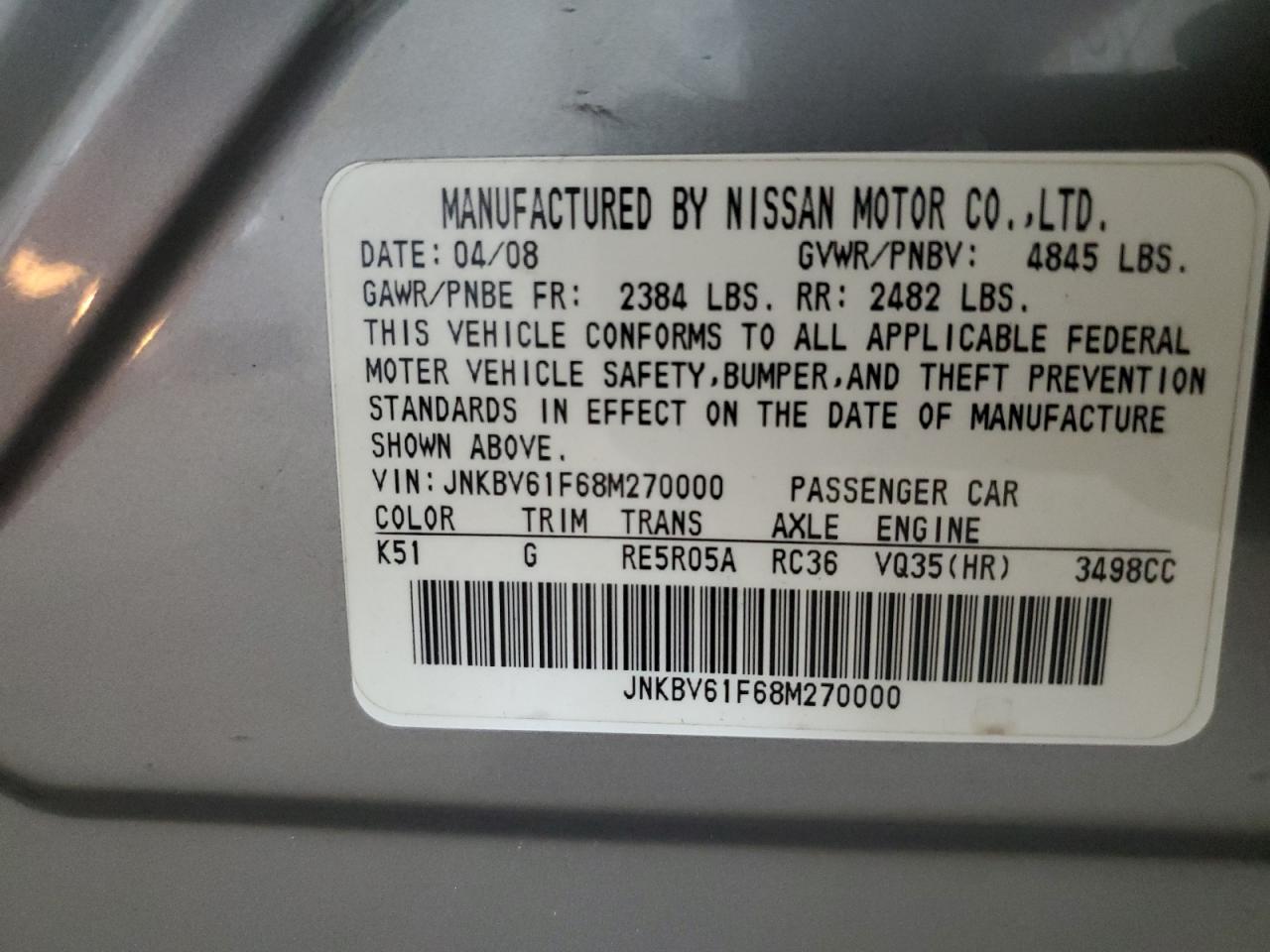 2008 Infiniti G35 VIN: JNKBV61F68M270000 Lot: 80256045