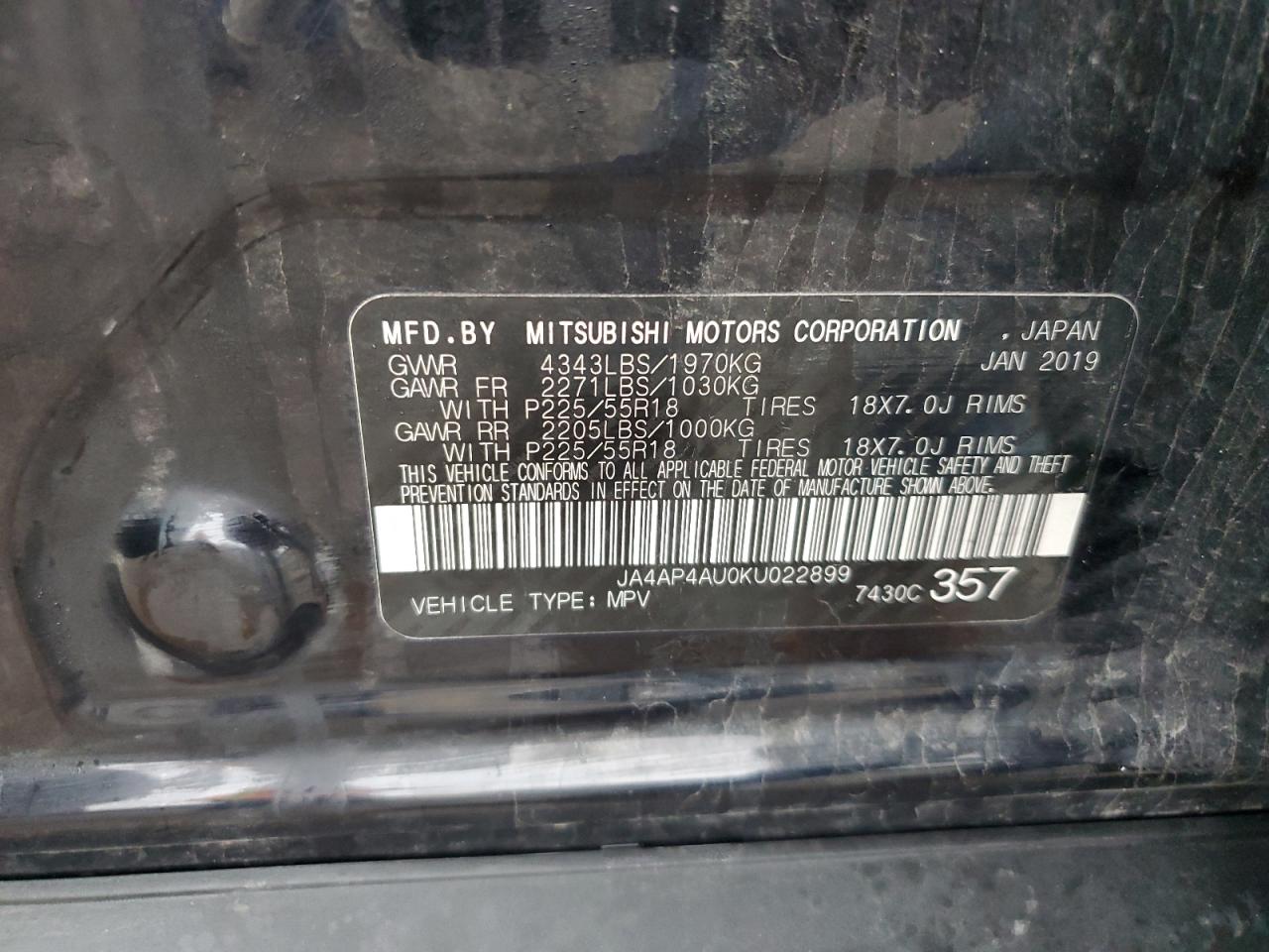 2019 Mitsubishi Outlander Sport Se VIN: JA4AP4AU0KU022899 Lot: 81428715