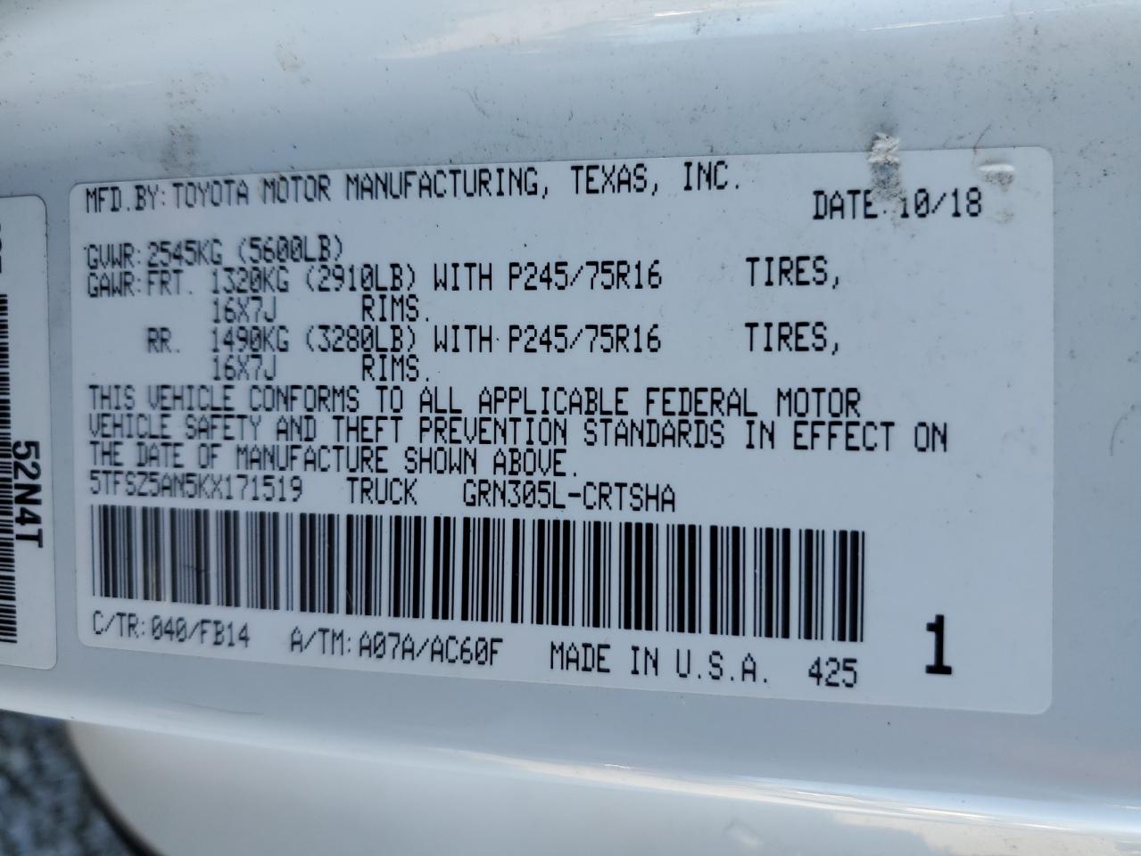 2019 Toyota Tacoma Access Cab VIN: 5TFSZ5AN5KX171519 Lot: 80102435