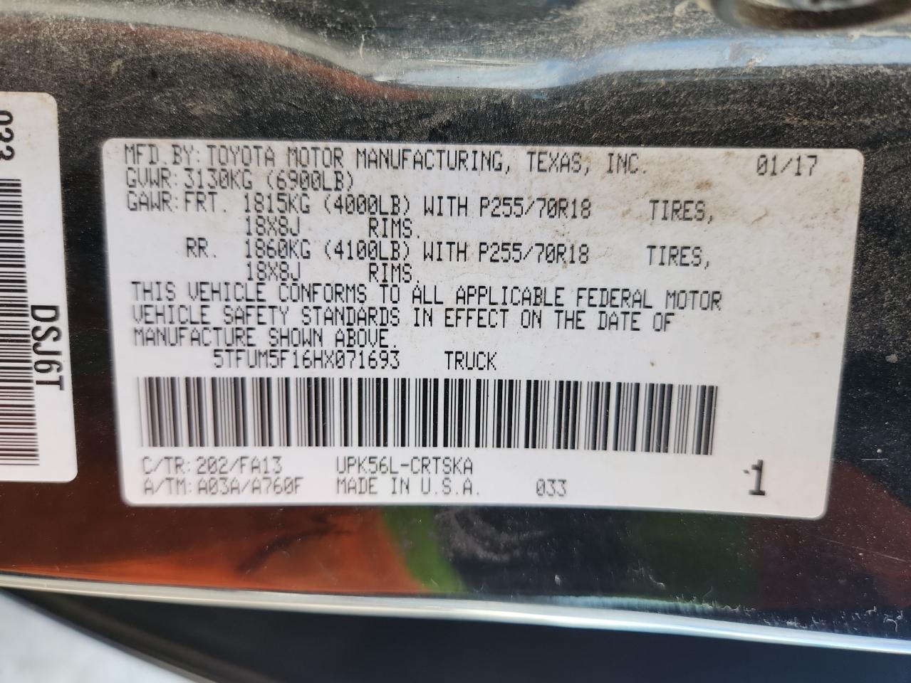 2017 Toyota Tundra Double Cab Sr VIN: 5TFUM5F16HX071693 Lot: 72055535