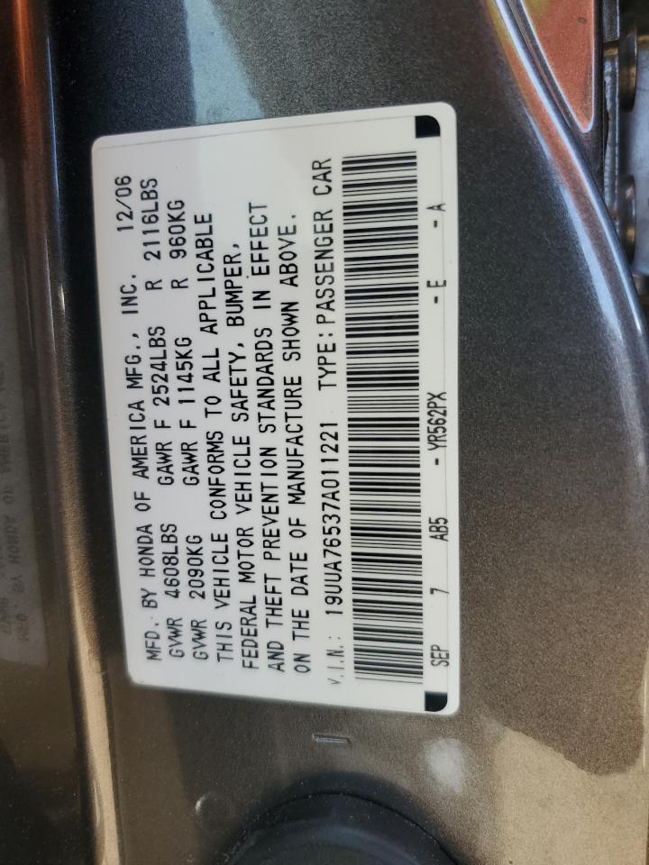 2007 Acura Tl Type S VIN: 19UUA76537A011221 Lot: 72010955