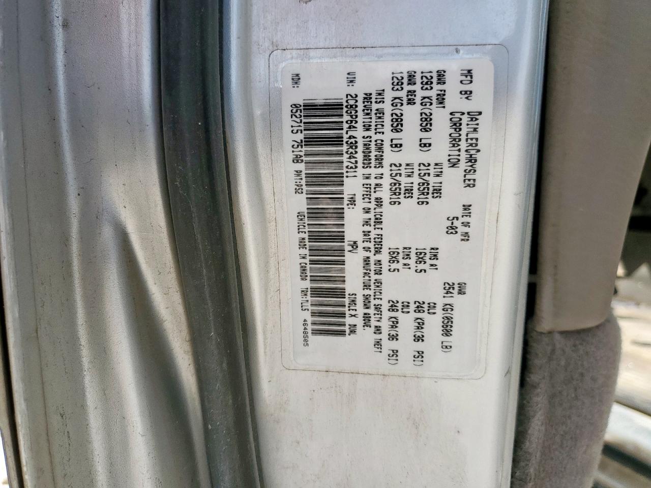 2003 Chrysler Town & Country Limited VIN: 2C8GP64L43R347311 Lot: 81720145