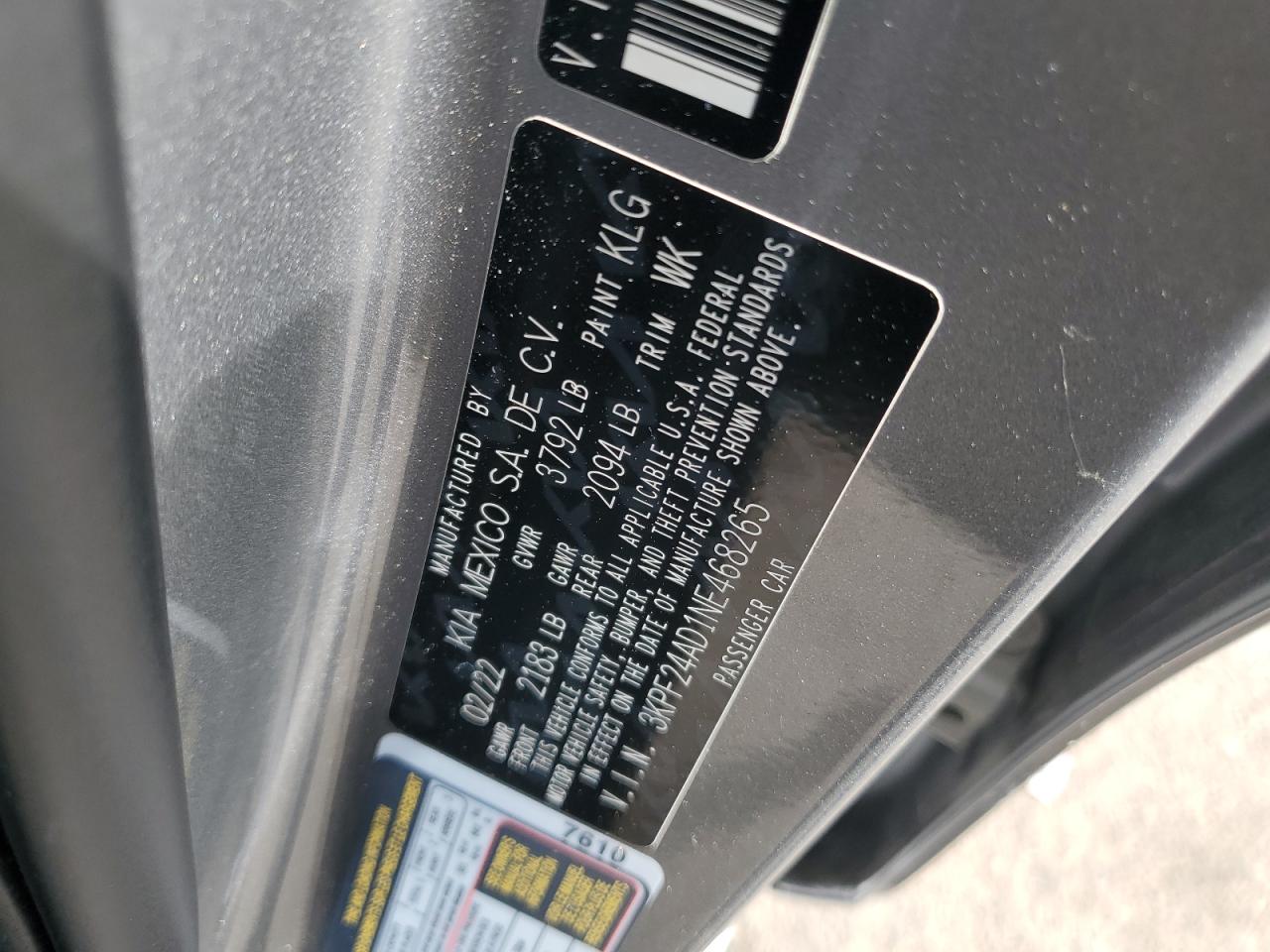 2022 Kia Forte Fe VIN: 3KPF24AD1NE468265 Lot: 71458775