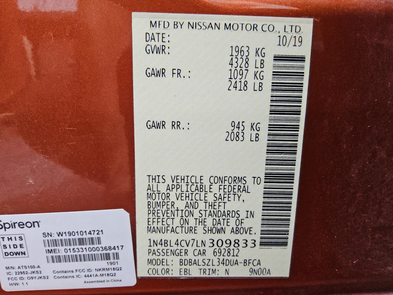 2020 Nissan Altima Sr VIN: 1N4BL4CV7LN309833 Lot: 81091335