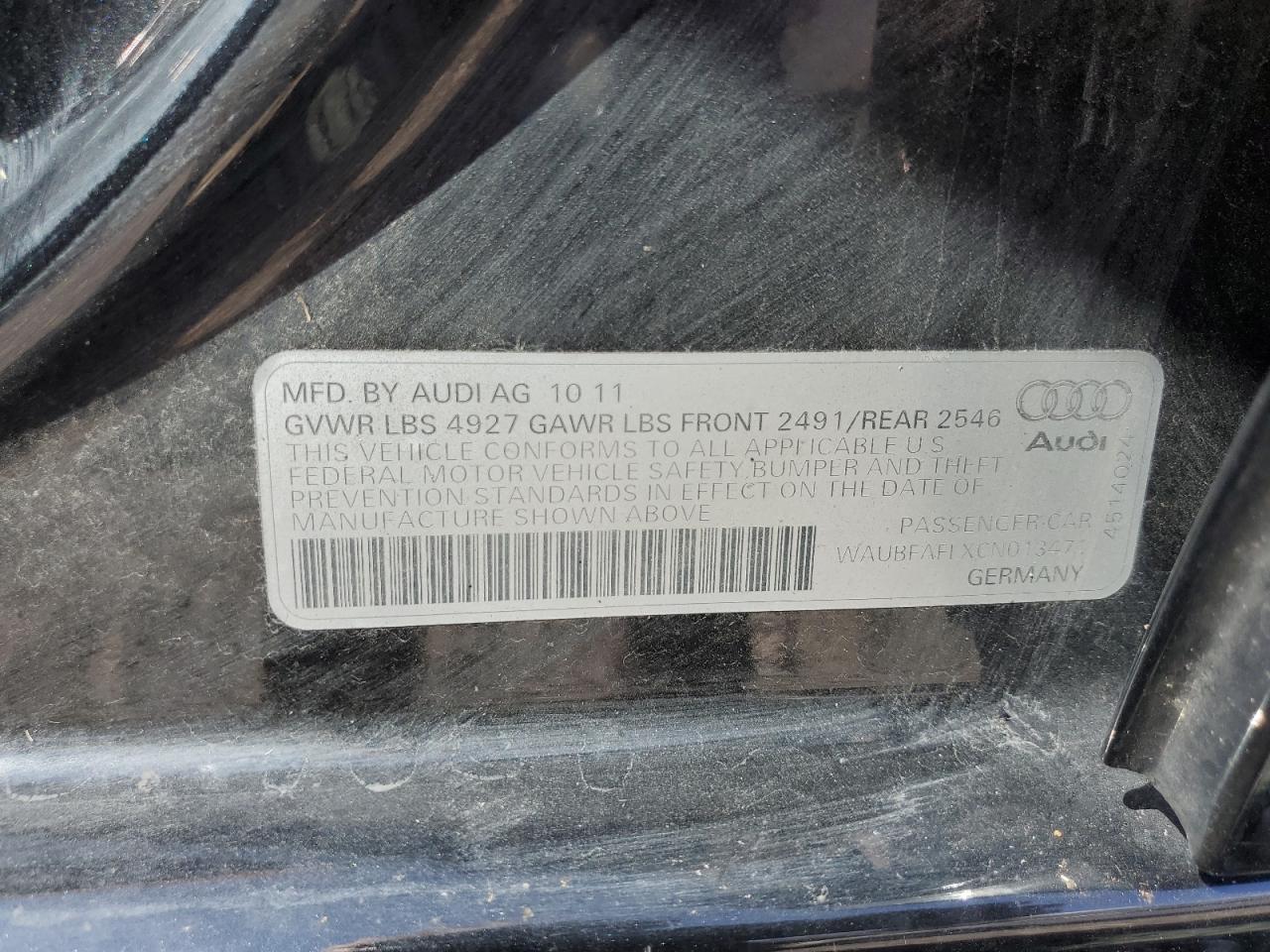 2012 Audi A4 Premium VIN: WAUBFAFLXCN013471 Lot: 70720285