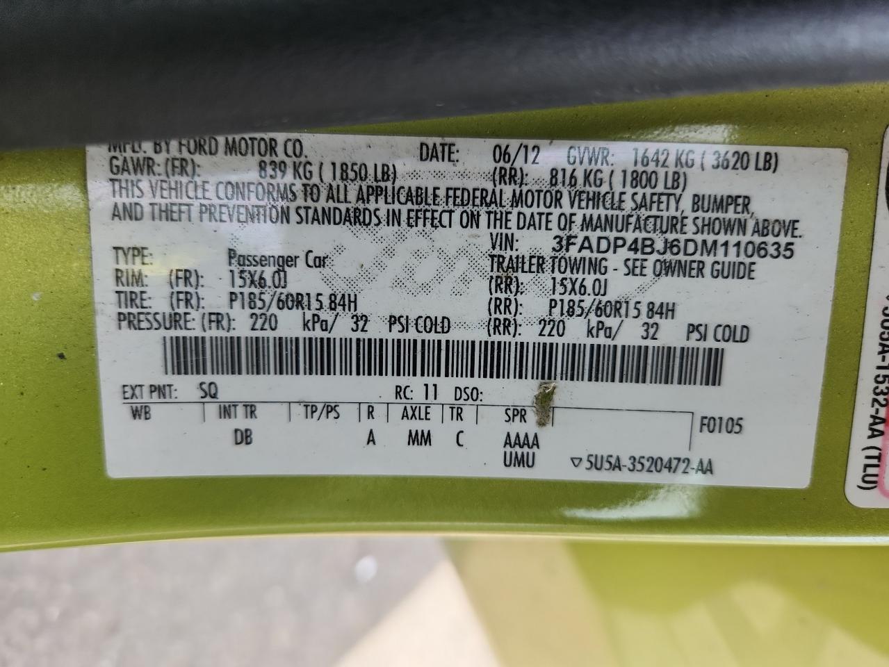 2013 Ford Fiesta Se VIN: 3FADP4BJ6DM110635 Lot: 72027525