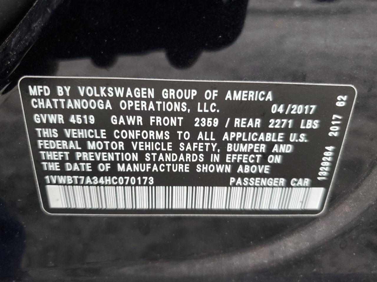 2017 Volkswagen Passat Se VIN: 1VWBT7A34HC070173 Lot: 71811705